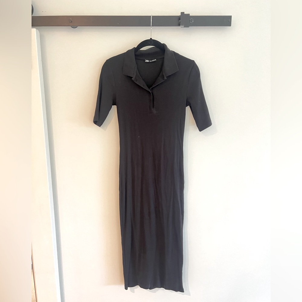 Zara black rubbed fitted midi polo dress size M